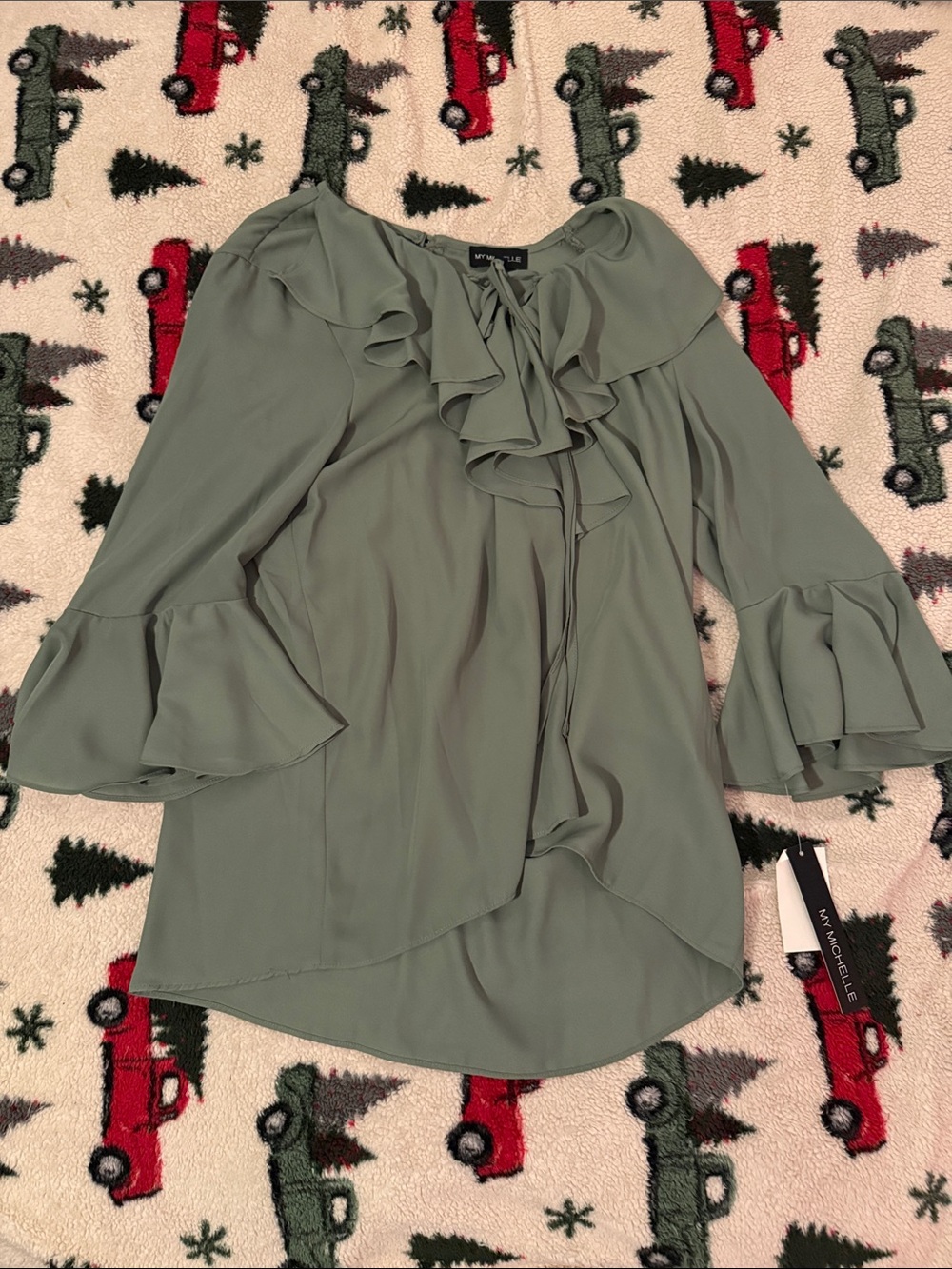 My Michelle Sage Green Ruffle Tie-Front Blouse